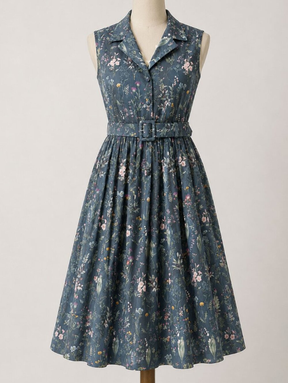 Brilliladies Etsy Custom Blue Floral A-Line Midi Dress Vintage Style Belted